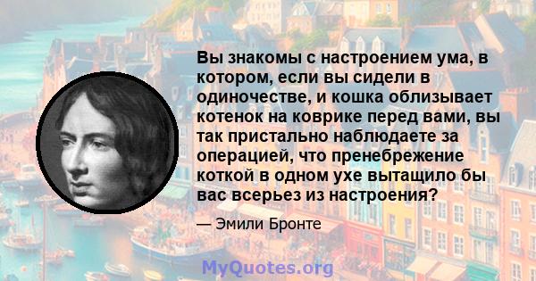 Вы знакомы с настроением ума, в котором, если вы сидели в одиночестве, и кошка облизывает котенок на коврике перед вами, вы так пристально наблюдаете за операцией, что пренебрежение коткой в ​​одном ухе вытащило бы вас