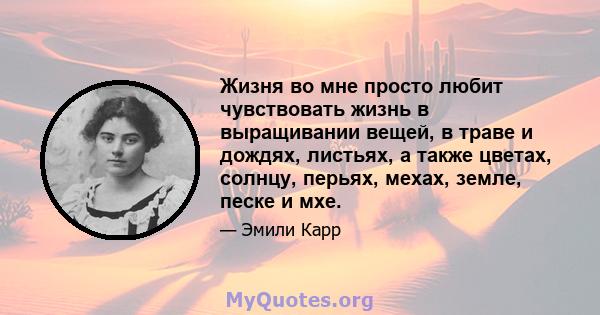 Жизня во мне просто любит чувствовать жизнь в выращивании вещей, в траве и дождях, листьях, а также цветах, солнцу, перьях, мехах, земле, песке и мхе.