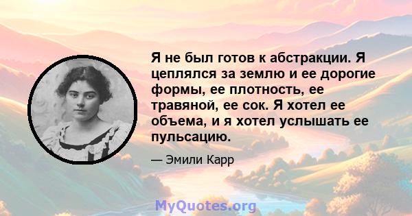 Я не был готов к абстракции. Я цеплялся за землю и ее дорогие формы, ее плотность, ее травяной, ее сок. Я хотел ее объема, и я хотел услышать ее пульсацию.