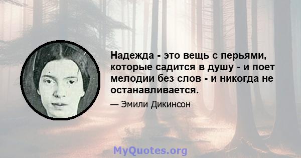 Надежда - это вещь с перьями, которые садится в душу - и поет мелодии без слов - и никогда не останавливается.