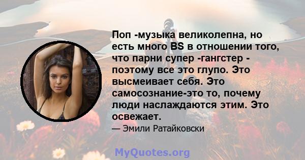 Поп -музыка великолепна, но есть много BS в отношении того, что парни супер -гангстер - поэтому все это глупо. Это высмеивает себя. Это самосознание-это то, почему люди наслаждаются этим. Это освежает.