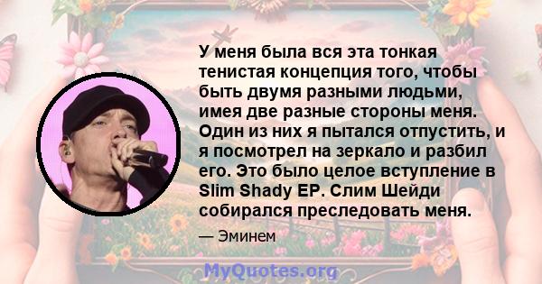 У меня была вся эта тонкая тенистая концепция того, чтобы быть двумя разными людьми, имея две разные стороны меня. Один из них я пытался отпустить, и я посмотрел на зеркало и разбил его. Это было целое вступление в Slim 