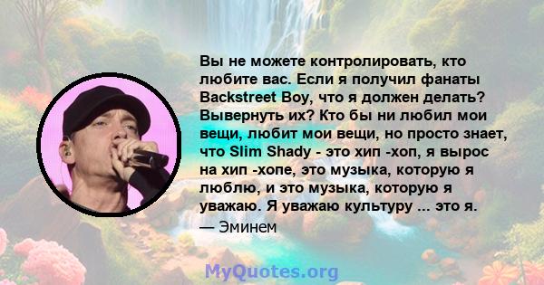 Вы не можете контролировать, кто любите вас. Если я получил фанаты Backstreet Boy, что я должен делать? Вывернуть их? Кто бы ни любил мои вещи, любит мои вещи, но просто знает, что Slim Shady - это хип -хоп, я вырос на