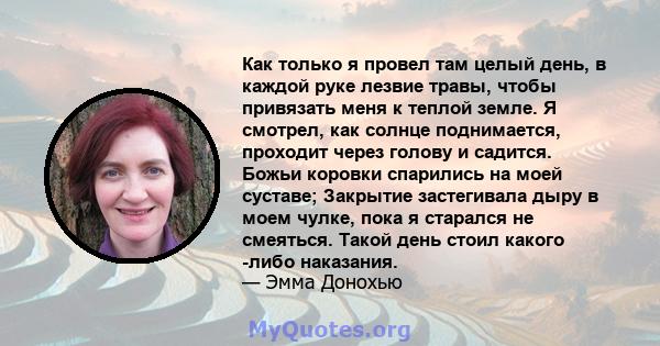 Как только я провел там целый день, в каждой руке лезвие травы, чтобы привязать меня к теплой земле. Я смотрел, как солнце поднимается, проходит через голову и садится. Божьи коровки спарились на моей суставе; Закрытие