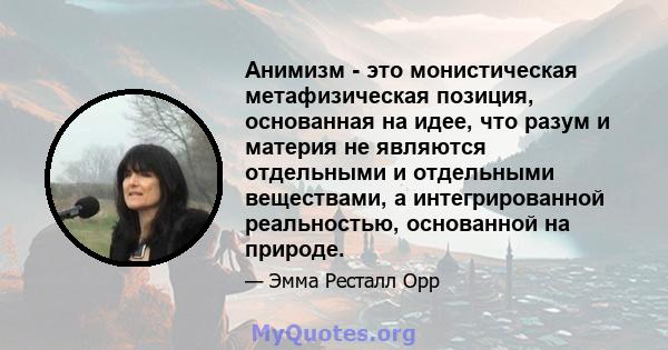 Анимизм - это монистическая метафизическая позиция, основанная на идее, что разум и материя не являются отдельными и отдельными веществами, а интегрированной реальностью, основанной на природе.