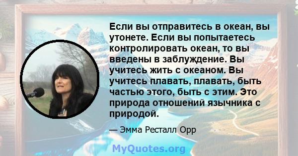 Если вы отправитесь в океан, вы утонете. Если вы попытаетесь контролировать океан, то вы введены в заблуждение. Вы учитесь жить с океаном. Вы учитесь плавать, плавать, быть частью этого, быть с этим. Это природа