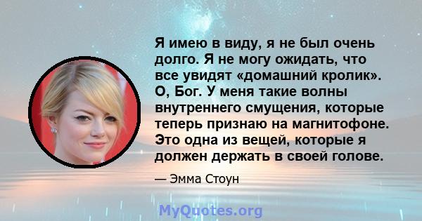 Я имею в виду, я не был очень долго. Я не могу ожидать, что все увидят «домашний кролик». О, Бог. У меня такие волны внутреннего смущения, которые теперь признаю на магнитофоне. Это одна из вещей, которые я должен