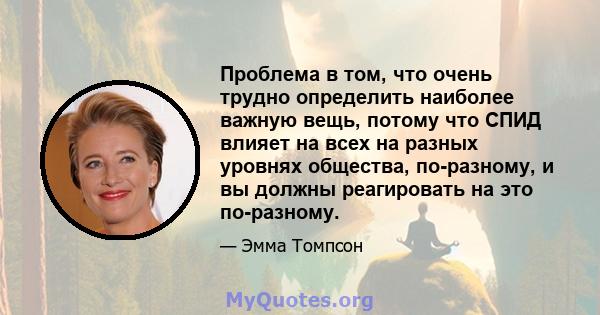 Проблема в том, что очень трудно определить наиболее важную вещь, потому что СПИД влияет на всех на разных уровнях общества, по-разному, и вы должны реагировать на это по-разному.