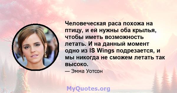 Человеческая раса похожа на птицу, и ей нужны оба крылья, чтобы иметь возможность летать. И на данный момент одно из IS Wings подрезается, и мы никогда не сможем летать так высоко.