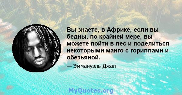 Вы знаете, в Африке, если вы бедны, по крайней мере, вы можете пойти в лес и поделиться некоторыми манго с гориллами и обезьяной.