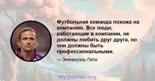 Футбольная команда похожа на компанию. Все люди, работающие в компании, не должны любить друг друга, но они должны быть профессиональными.