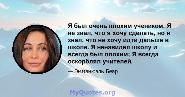 Я был очень плохим учеником. Я не знал, что я хочу сделать, но я знал, что не хочу идти дальше в школе. Я ненавидел школу и всегда был плохим; Я всегда оскорблял учителей.