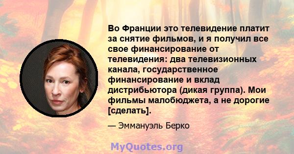 Во Франции это телевидение платит за снятие фильмов, и я получил все свое финансирование от телевидения: два телевизионных канала, государственное финансирование и вклад дистрибьютора (дикая группа). Мои фильмы