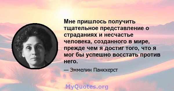 Мне пришлось получить тщательное представление о страданиях и несчастье человека, созданного в мире, прежде чем я достиг того, что я мог бы успешно восстать против него.