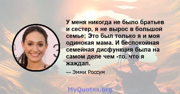 У меня никогда не было братьев и сестер, я не вырос в большой семье; Это был только я и моя одинокая мама. И беспокойная семейная дисфункция была на самом деле чем -то, что я жаждал.