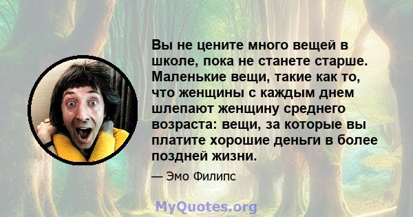 Вы не цените много вещей в школе, пока не станете старше. Маленькие вещи, такие как то, что женщины с каждым днем ​​шлепают женщину среднего возраста: вещи, за которые вы платите хорошие деньги в более поздней жизни.