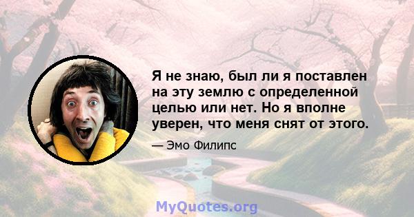 Я не знаю, был ли я поставлен на эту землю с определенной целью или нет. Но я вполне уверен, что меня снят от этого.