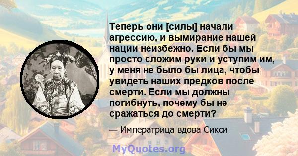 Теперь они [силы] начали агрессию, и вымирание нашей нации неизбежно. Если бы мы просто сложим руки и уступим им, у меня не было бы лица, чтобы увидеть наших предков после смерти. Если мы должны погибнуть, почему бы не