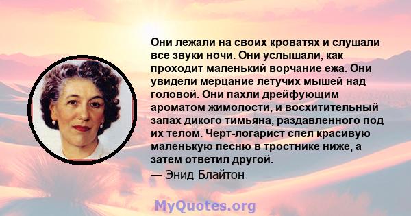 Они лежали на своих кроватях и слушали все звуки ночи. Они услышали, как проходит маленький ворчание ежа. Они увидели мерцание летучих мышей над головой. Они пахли дрейфующим ароматом жимолости, и восхитительный запах