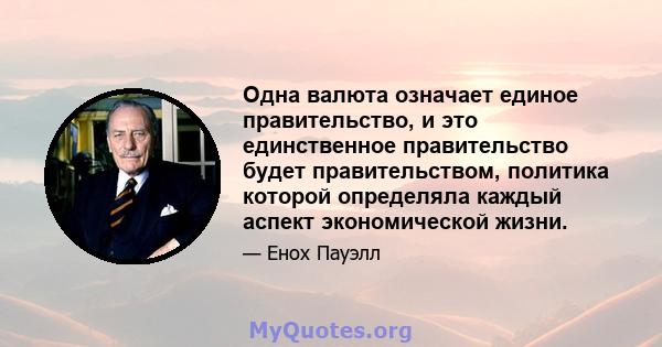 Одна валюта означает единое правительство, и это единственное правительство будет правительством, политика которой определяла каждый аспект экономической жизни.