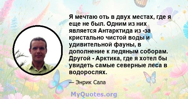 Я мечтаю оть в двух местах, где я еще не был. Одним из них является Антарктида из -за кристально чистой воды и удивительной фауны, в дополнение к ледяным соборам. Другой - Арктика, где я хотел бы увидеть самые северные