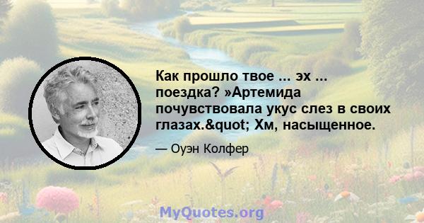 Как прошло твое ... эх ... поездка? ​​»Артемида почувствовала укус слез в своих глазах." Хм, насыщенное.