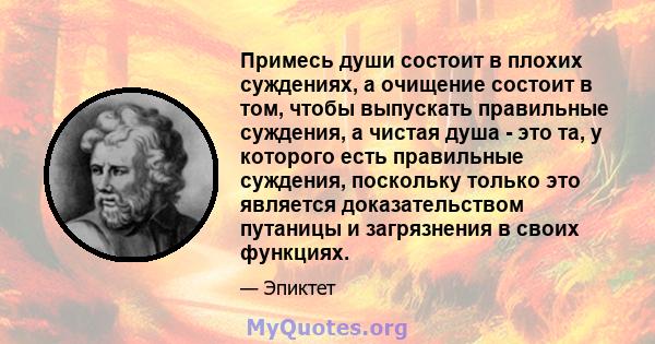 Примесь души состоит в плохих суждениях, а очищение состоит в том, чтобы выпускать правильные суждения, а чистая душа - это та, у которого есть правильные суждения, поскольку только это является доказательством путаницы 