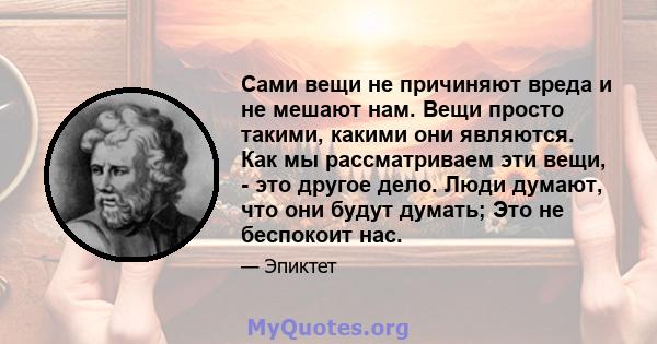 Сами вещи не причиняют вреда и не мешают нам. Вещи просто такими, какими они являются. Как мы рассматриваем эти вещи, - это другое дело. Люди думают, что они будут думать; Это не беспокоит нас.