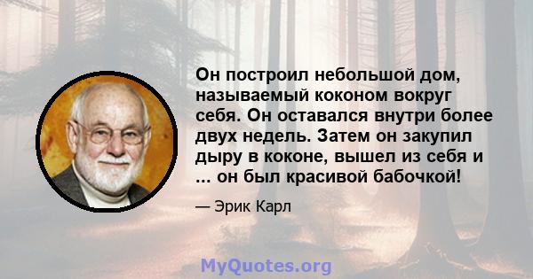 Он построил небольшой дом, называемый коконом вокруг себя. Он оставался внутри более двух недель. Затем он закупил дыру в коконе, вышел из себя и ... он был красивой бабочкой!