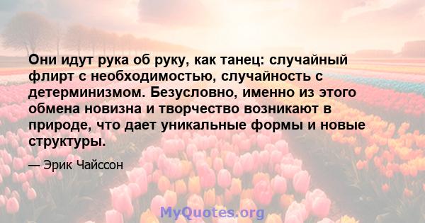 Они идут рука об руку, как танец: случайный флирт с необходимостью, случайность с детерминизмом. Безусловно, именно из этого обмена новизна и творчество возникают в природе, что дает уникальные формы и новые структуры.