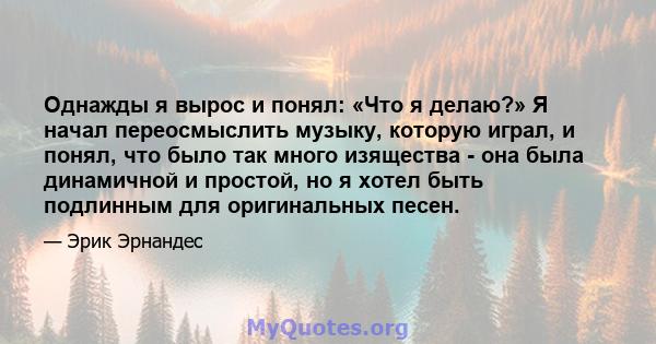 Однажды я вырос и понял: «Что я делаю?» Я начал переосмыслить музыку, которую играл, и понял, что было так много изящества - она ​​была динамичной и простой, но я хотел быть подлинным для оригинальных песен.