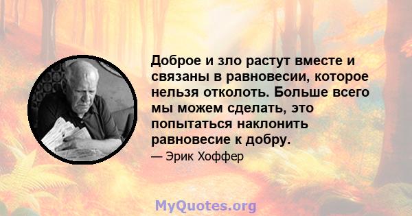 Доброе и зло растут вместе и связаны в равновесии, которое нельзя отколоть. Больше всего мы можем сделать, это попытаться наклонить равновесие к добру.