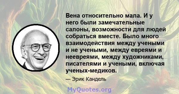 Вена относительно мала. И у него были замечательные салоны, возможности для людей собраться вместе. Было много взаимодействия между учеными и не учеными, между евреями и неевреями, между художниками, писателями и