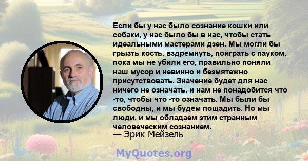 Если бы у нас было сознание кошки или собаки, у нас было бы в нас, чтобы стать идеальными мастерами дзен. Мы могли бы грызть кость, вздремнуть, поиграть с пауком, пока мы не убили его, правильно поняли наш мусор и