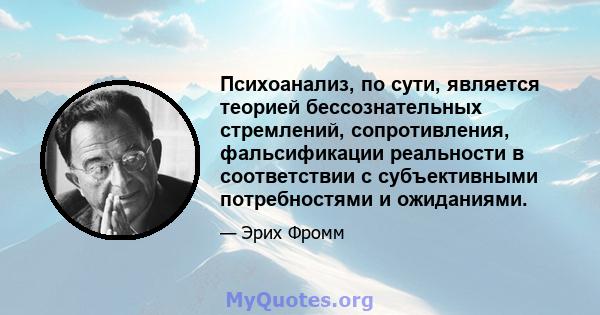 Психоанализ, по сути, является теорией бессознательных стремлений, сопротивления, фальсификации реальности в соответствии с субъективными потребностями и ожиданиями.