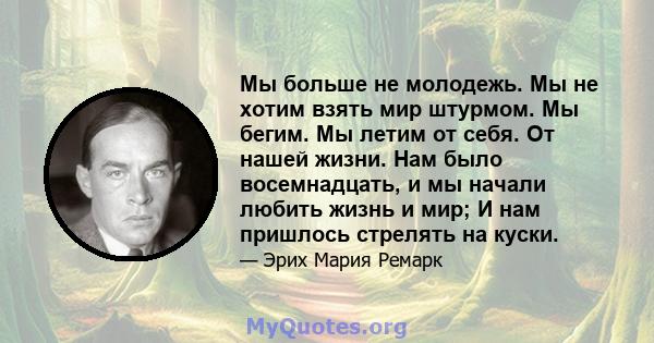 Мы больше не молодежь. Мы не хотим взять мир штурмом. Мы бегим. Мы летим от себя. От нашей жизни. Нам было восемнадцать, и мы начали любить жизнь и мир; И нам пришлось стрелять на куски.