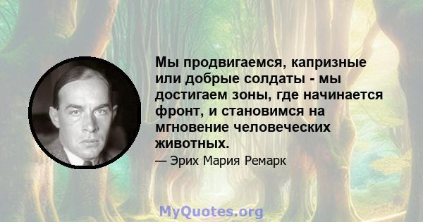 Мы продвигаемся, капризные или добрые солдаты - мы достигаем зоны, где начинается фронт, и становимся на мгновение человеческих животных.