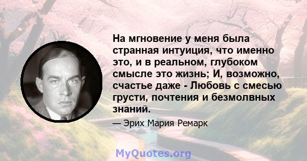 На мгновение у меня была странная интуиция, что именно это, и в реальном, глубоком смысле это жизнь; И, возможно, счастье даже - Любовь с смесью грусти, почтения и безмолвных знаний.