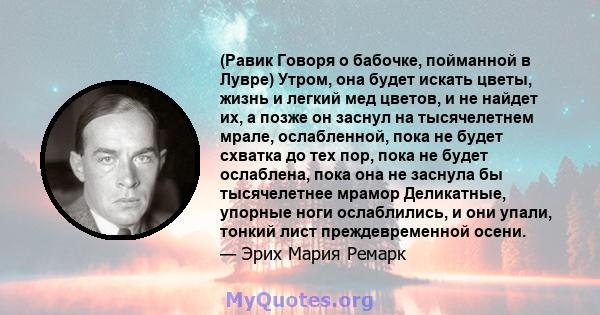 (Равик Говоря о бабочке, пойманной в Лувре) Утром, она будет искать цветы, жизнь и легкий мед цветов, и не найдет их, а позже он заснул на тысячелетнем мрале, ослабленной, пока не будет схватка до тех пор, пока не будет 