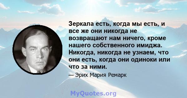 Зеркала есть, когда мы есть, и все же они никогда не возвращают нам ничего, кроме нашего собственного имиджа. Никогда, никогда не узнаем, что они есть, когда они одиноки или что за ними.