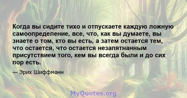 Когда вы сидите тихо и отпускаете каждую ложную самоопределение, все, что, как вы думаете, вы знаете о том, кто вы есть, а затем остается тем, что остается, что остается незапятнанным присутствием того, кем вы всегда