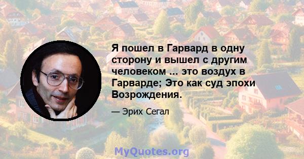 Я пошел в Гарвард в одну сторону и вышел с другим человеком ... это воздух в Гарварде; Это как суд эпохи Возрождения.