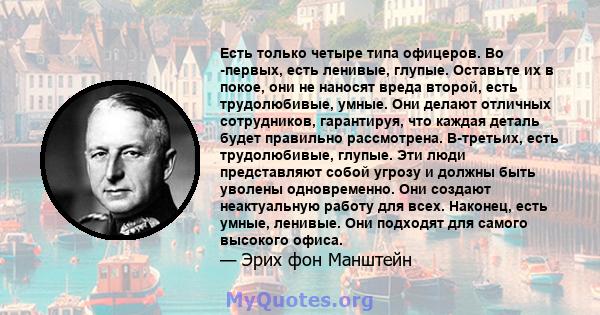 Есть только четыре типа офицеров. Во -первых, есть ленивые, глупые. Оставьте их в покое, они не наносят вреда второй, есть трудолюбивые, умные. Они делают отличных сотрудников, гарантируя, что каждая деталь будет