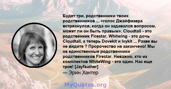 Будет три, родственники твоих родственников ... »голос Джайфизера встряхнулся, когда он задавался вопросом, может ли он быть правым». Cloudtail - это родственник Firestar, Whitwing - это дочь Cloudtail, а теперь Dovekit 