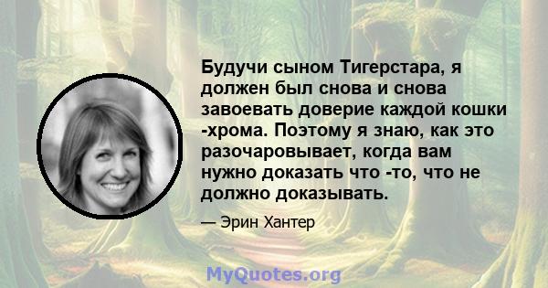 Будучи сыном Тигерстара, я должен был снова и снова завоевать доверие каждой кошки -хрома. Поэтому я знаю, как это разочаровывает, когда вам нужно доказать что -то, что не должно доказывать.