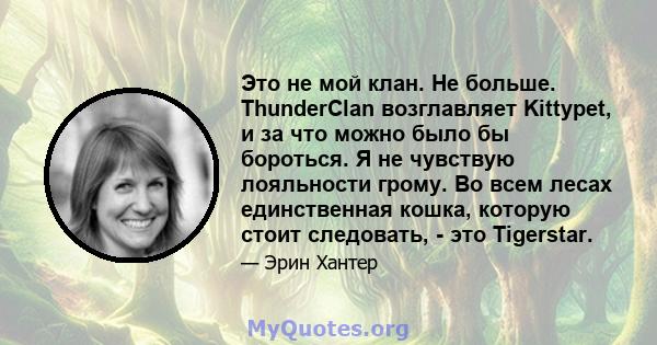 Это не мой клан. Не больше. ThunderClan возглавляет Kittypet, и за что можно было бы бороться. Я не чувствую лояльности грому. Во всем лесах единственная кошка, которую стоит следовать, - это Tigerstar.