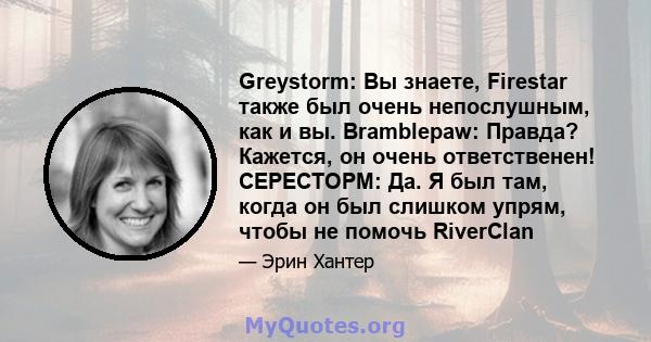 Greystorm: Вы знаете, Firestar также был очень непослушным, как и вы. Bramblepaw: Правда? Кажется, он очень ответственен! СЕРЕСТОРМ: Да. Я был там, когда он был слишком упрям, чтобы не помочь RiverClan