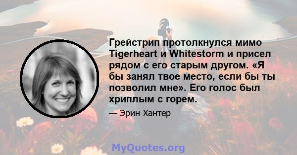 Грейстрип протолкнулся мимо Tigerheart и Whitestorm и присел рядом с его старым другом. «Я бы занял твое место, если бы ты позволил мне». Его голос был хриплым с горем.