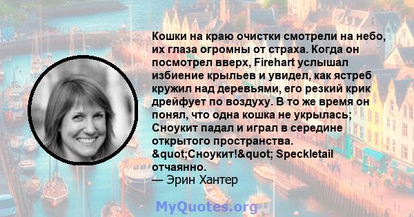 Кошки на краю очистки смотрели на небо, их глаза огромны от страха. Когда он посмотрел вверх, Firehart услышал избиение крыльев и увидел, как ястреб кружил над деревьями, его резкий крик дрейфует по воздуху. В то же