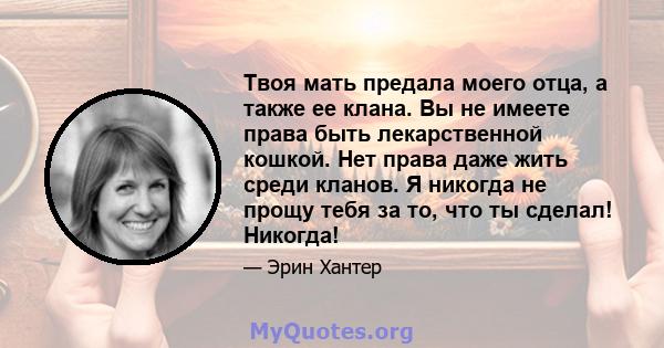 Твоя мать предала моего отца, а также ее клана. Вы не имеете права быть лекарственной кошкой. Нет права даже жить среди кланов. Я никогда не прощу тебя за то, что ты сделал! Никогда!